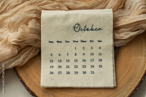 Fototapeta Top view of linen fabric calendar with October month, sheer fabric, wooden slice, light background, copy space, aesthetic soft shadows	