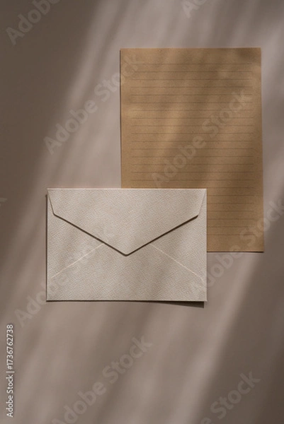 Fototapeta Beige envelope and kraft paper sheet. Minimalist stationery set with a beige textured envelope and lined kraft paper sheet on a beige background with soft shadows.