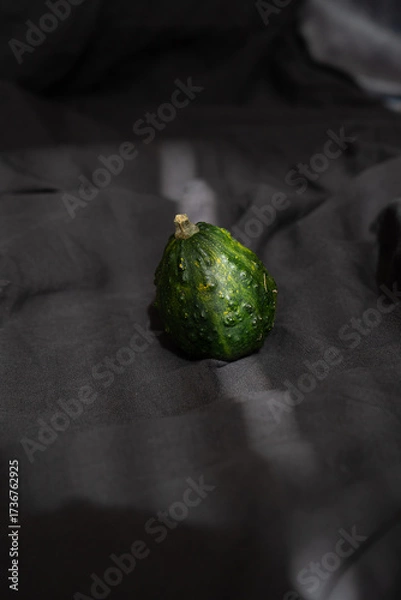 Fototapeta Decorative green pumpkin on black fabric background with ray of light, autumn aesthetic minimalism	