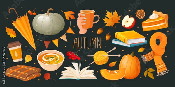 Fototapeta Vector cartoon symbols collection of autumn elements in warm color palette. Set includes umbrella, pumpkin, tea cup, fallen leaves, apple, pine cone, pumpkin dishes, books, decorative garland, etc
