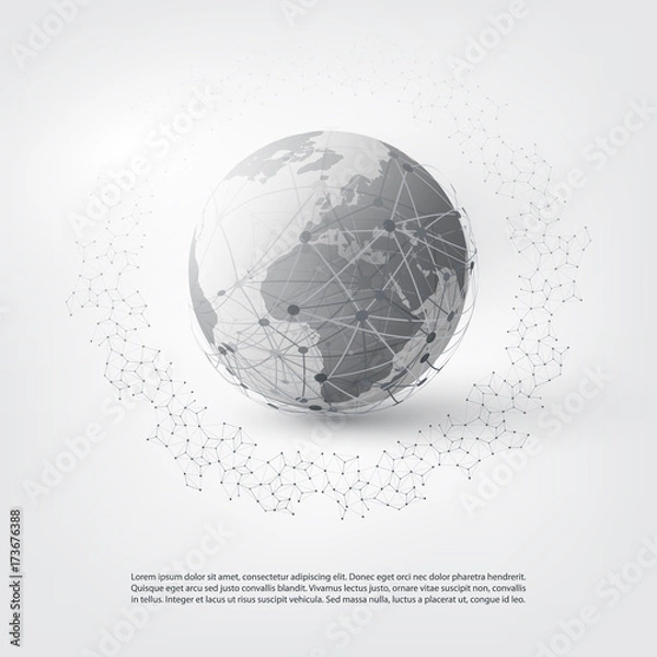 Obraz Abstract Cloud Computing and Global Network Connections Concept Design with Transparent Geometric Mesh, Earth Globe - Illustration in Editable Vector Format