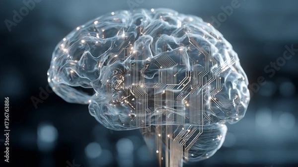 Fototapeta Human brain model merged with circuit lines and digital textures. AI generated