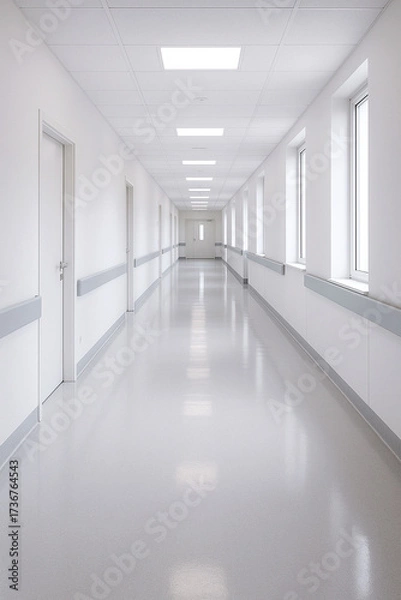 Obraz Sterile hospital corridor with bright lights and cold blue tones, empty modern hallway
