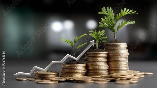 Fototapeta Investment growth shown with coins graphs and plant sprouts. Finance concept. AI generated.