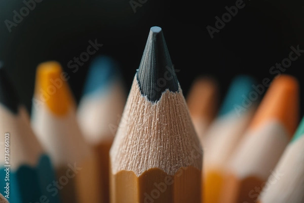 Fototapeta Macro close-up of a sharpened pencil with colorful pencils blurred in the background. Creative and artistic school supplies.