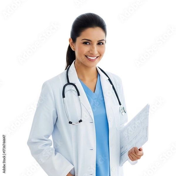Obraz Smiling female doctor with stethoscope and medical charts ready to help patients