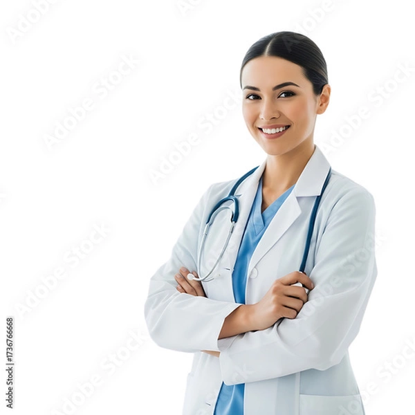 Obraz Smiling female doctor with stethoscope, professional healthcare worker, confident pose