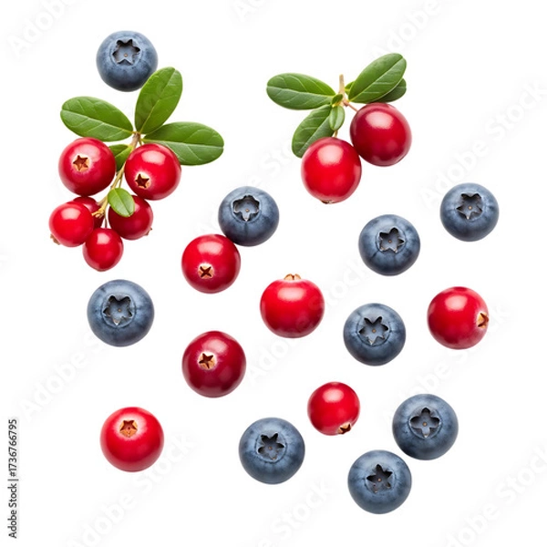 Obraz Vibrant blueberries and bright red lingonberries scattered for fresh food and health concepts