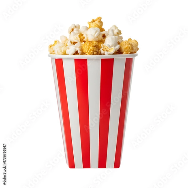 Obraz Classic red and white striped bucket overflowing with delicious caramel and plain popcorn snacks