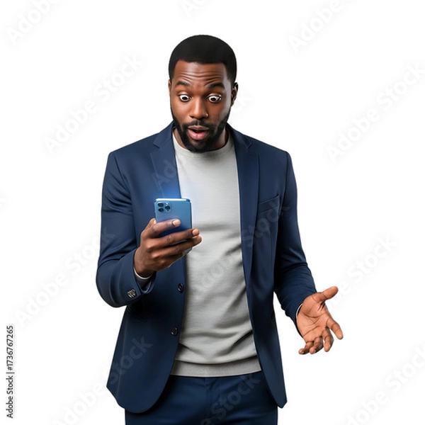 Obraz Shocked African American businessman reacts to surprising news on his mobile phone