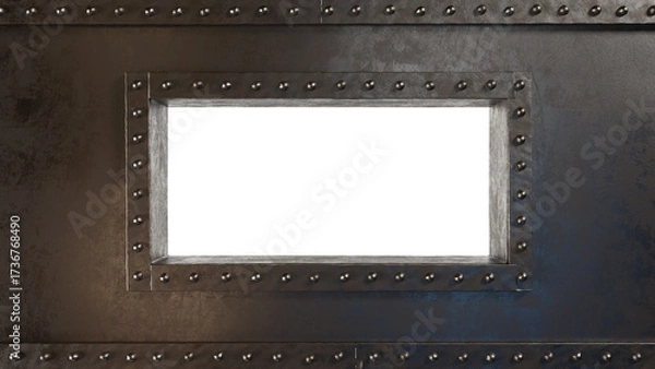 Fototapeta A steampunk-style iron bunker with an embrasure or window and rivets. Iron military bunker