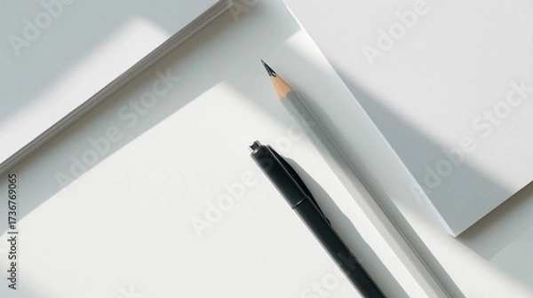 Fototapeta Minimalist desk scene with notepad pen and pencil on white surface. AI generated