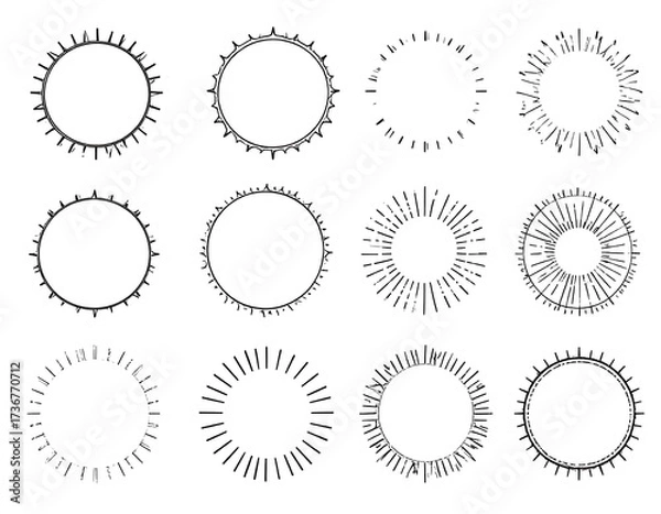 Obraz A collection of twelve decorative circular graphic elements, featuring various sunburst and ornate designs in a simple, elegant style.