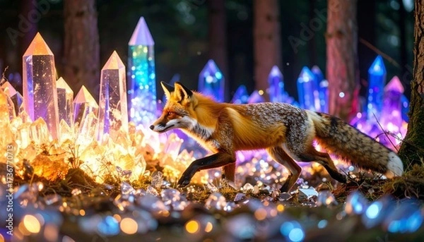 Obraz Fox Walking Through Forest with Crystal Formations