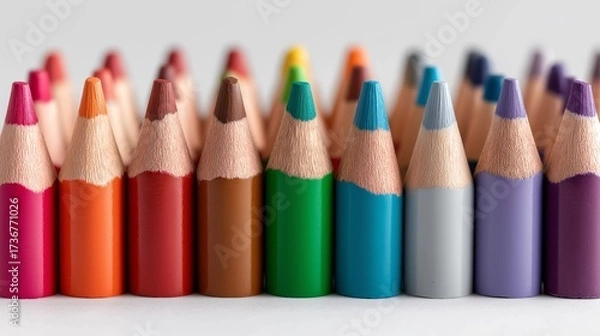Fototapeta Row of colored pencils with vibrant hues and sharp points stand. AI generated.