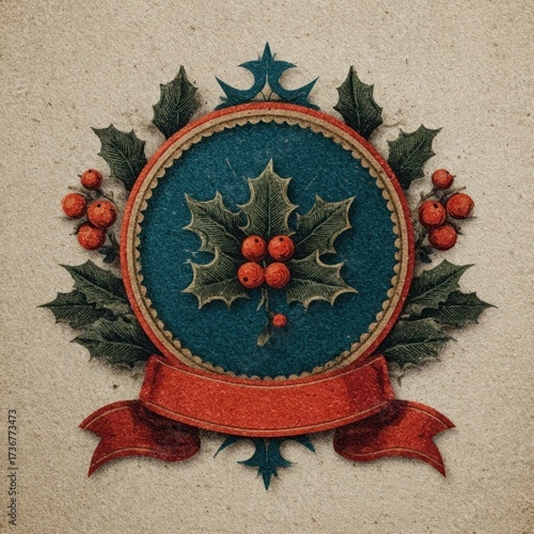 Obraz Holiday emblem featuring holly leaves and berries designed for festive celebrations and decorations