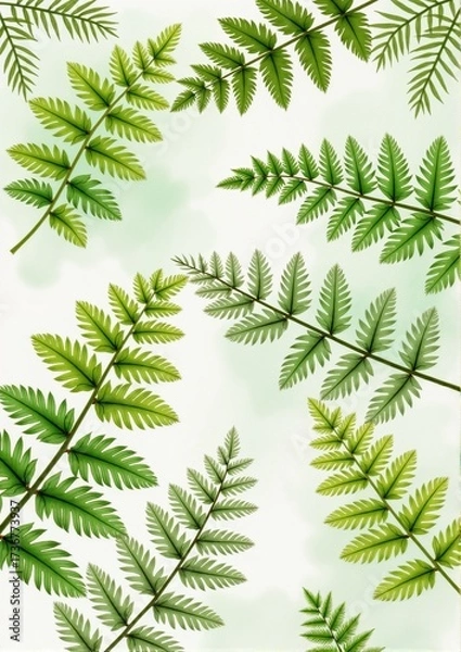Fototapeta Green fern leaves arranged on a soft pastel background  