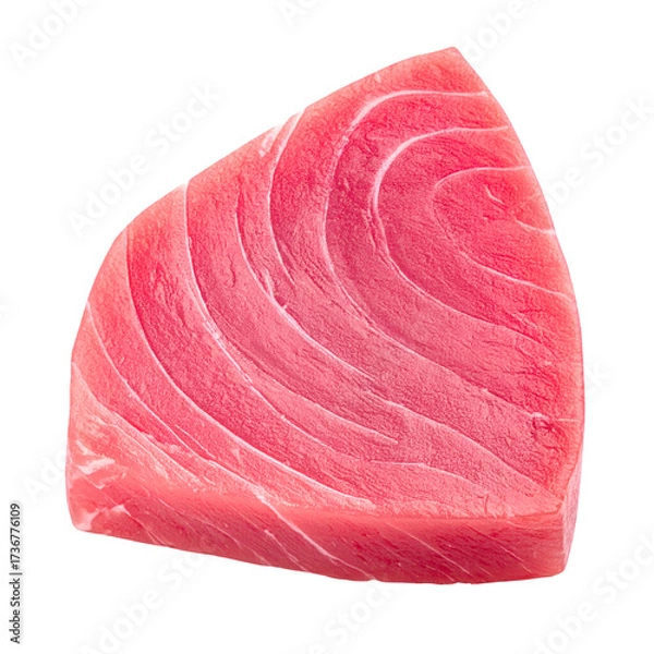 Obraz A meticulously isolated  showcases a fresh, vibrant slice of raw, pink-red fish, revealing intricate textures and a dense, appetizing appearance against a stark black background, emphasizing the...