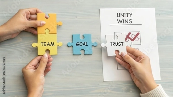 Obraz Hands Holding Puzzle Pieces Symbolizing Teamwork, Trust and Goals