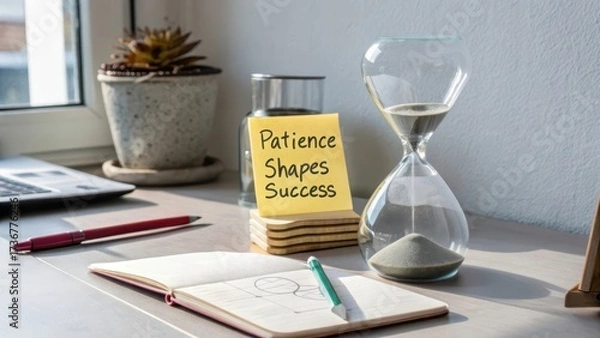Obraz Hourglass on Desk with Note Representing Time and Patience