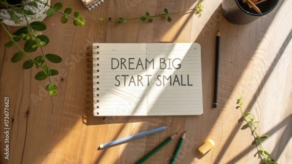 Obraz Inspirational Quote on Notepad Surrounded by Plants and Stationery