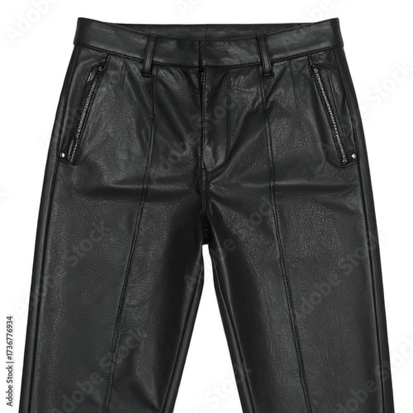 Obraz image showcases a pair of black leather pants, featuring visible stitching and zippers along the pockets, with a classic design and tailored fit against a dark background, highlighting the texture...