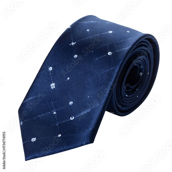 Fototapeta Elegant blue tie with a white polka dot pattern is presented against a black background, showcasing the fabric's texture and design.