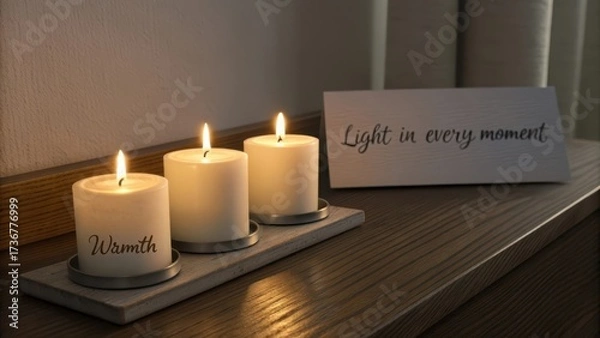 Obraz Lit white candles in a row on a wooden table