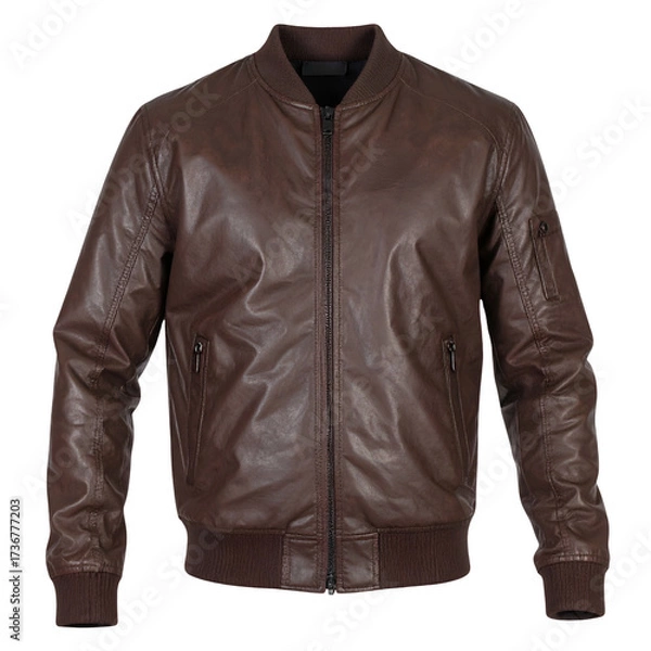 Obraz Fashionable brown leather bomber jacket, featuring a ribbed collar, cuffs, and hem, complete with a full zipper closure and two front pockets, isolated against a solid black background, offering a...