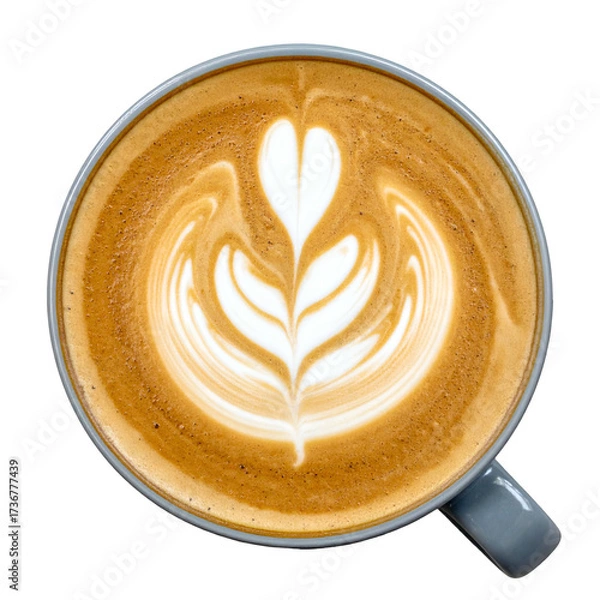 Obraz Delightful overhead view showcases a cup of coffee featuring intricate latte art, showcasing a floral design with creamy white patterns in the warm, brown beverage, contrasted by the dark, solid...