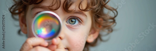 Fototapeta Curly haired child holding lens up to eye, rainbow colors visible. Child plays with lens, exploring light and color spectrum, observing optical effects, experimenting and creating his own perspective.