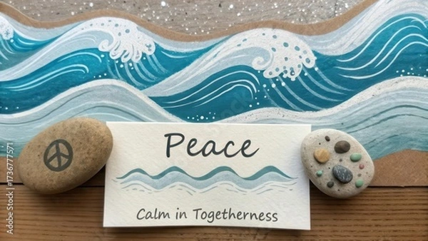 Obraz Painted ocean waves and a message of peace on a stone