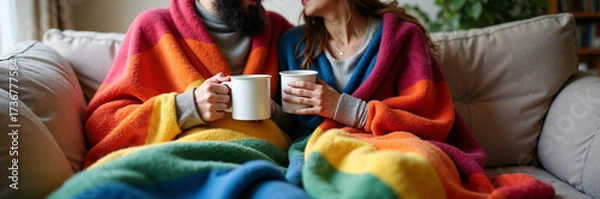Fototapeta Couple drinking coffee wrapped in blanket, enjoying cozy moment on sofa with hot beverages. Cozy moment with couple is about cuddling at home together wrapped up and enjoying hot drink.