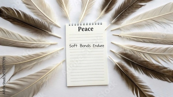 Obraz Peaceful Message with Feathers and Notepad on White Background