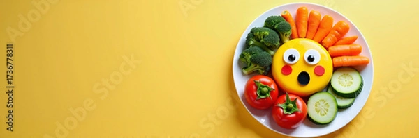 Fototapeta Veggie platter with a surprised emoji face made from cheese, tomatoes, cucumber, and other fresh vegetables on white plate. This veggie platter contains broccoli,