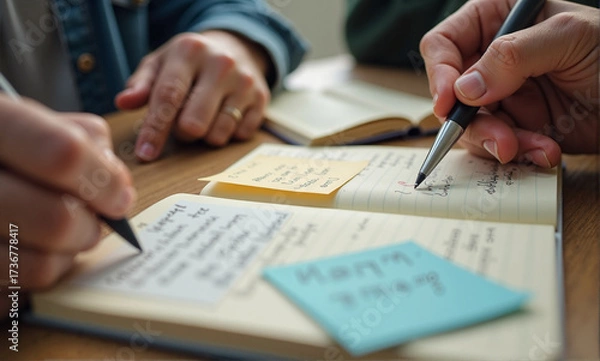 Fototapeta Brainstorming session shows hands writing in notebooks, close up view. Brainstorming involves creative process, taking notes on ideas during meeting, and planning a solution to solve a problem.