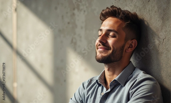 Fototapeta Serene man leaning against wall illuminated by sunlight, eyes closed in peaceful bliss. Calm man enjoys quiet moment in gentle light, embodying relaxation and ease, serene man feels comfort.