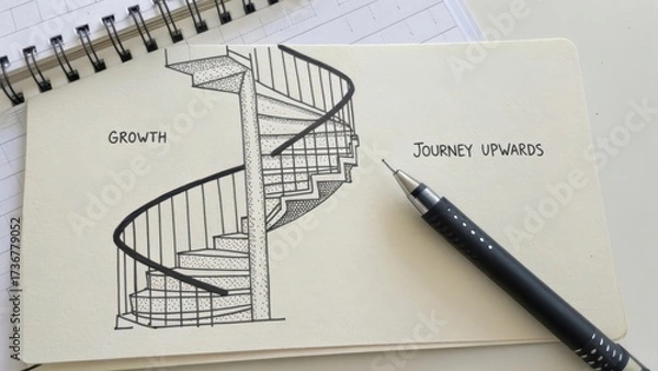 Obraz Spiral staircase drawing with pen and text on paper