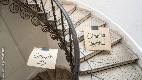Obraz Spiral staircase with paper labels indicating growth and climbing together