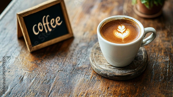 Fototapeta A cup of coffee with beans and latte art in a cafe atmosphere