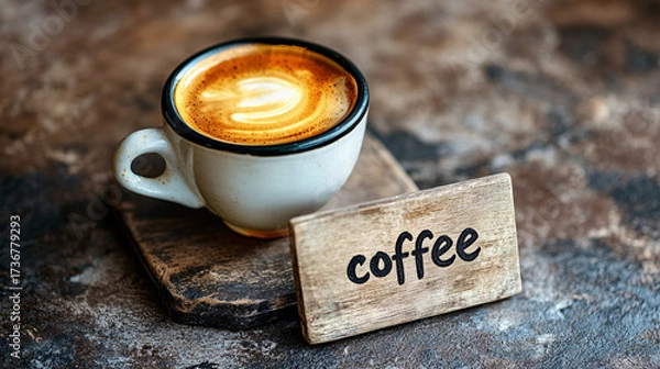 Fototapeta A cup of coffee with beans and latte art in a cafe atmosphere