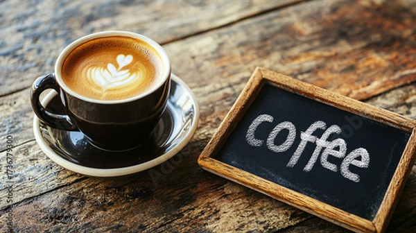 Fototapeta A cup of coffee with beans and latte art in a cafe atmosphere