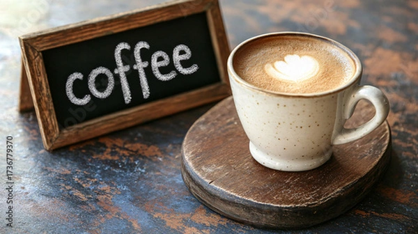 Fototapeta A cup of coffee with beans and latte art in a cafe atmosphere