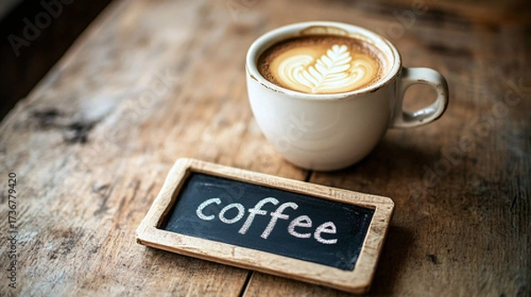 Fototapeta A cup of coffee with beans and latte art in a cafe atmosphere