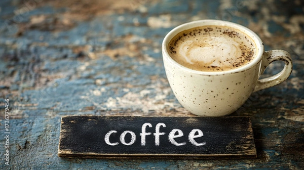 Fototapeta A cup of coffee with beans and latte art in a cafe atmosphere