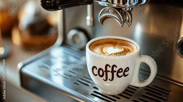 Fototapeta A cup of coffee with beans and latte art in a cafe atmosphere