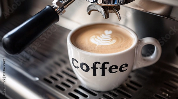 Fototapeta A cup of coffee with beans and latte art in a cafe atmosphere