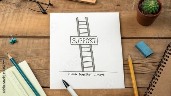 Obraz Supportive Message on a Desk with Ladder Illustration and Pens