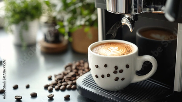 Fototapeta A cup of coffee with beans and latte art in a cafe atmosphere