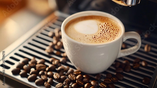 Fototapeta A cup of coffee with beans and latte art in a cafe atmosphere